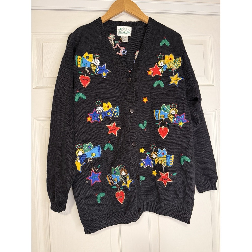 Vtg The Quacker Factory Christmas Angel Cardigan Grandma Embroidered Sweater